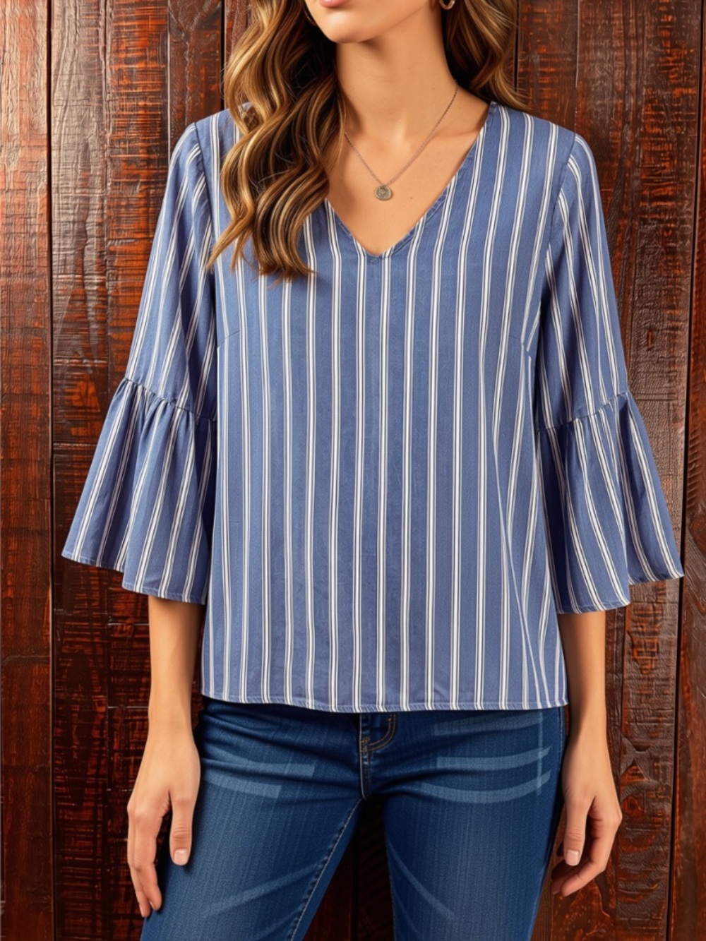 Appraisal Striped V-Neck Bell Sleeve Soft Chambray Top - Blue